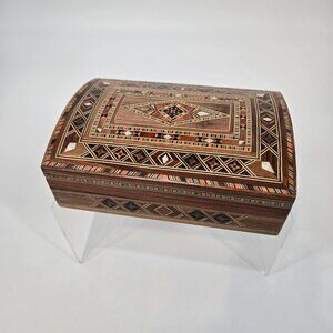 Syrian Mosaic Jewelry Box Handmade Wood & Mother of Pearl Inlay Velvet Lined